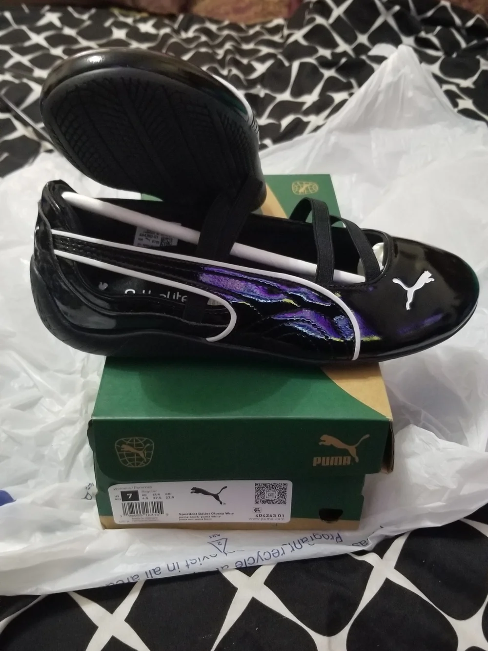 Puma Black Patent Athletic Ballet Sneaker with Purple Accent Stripes